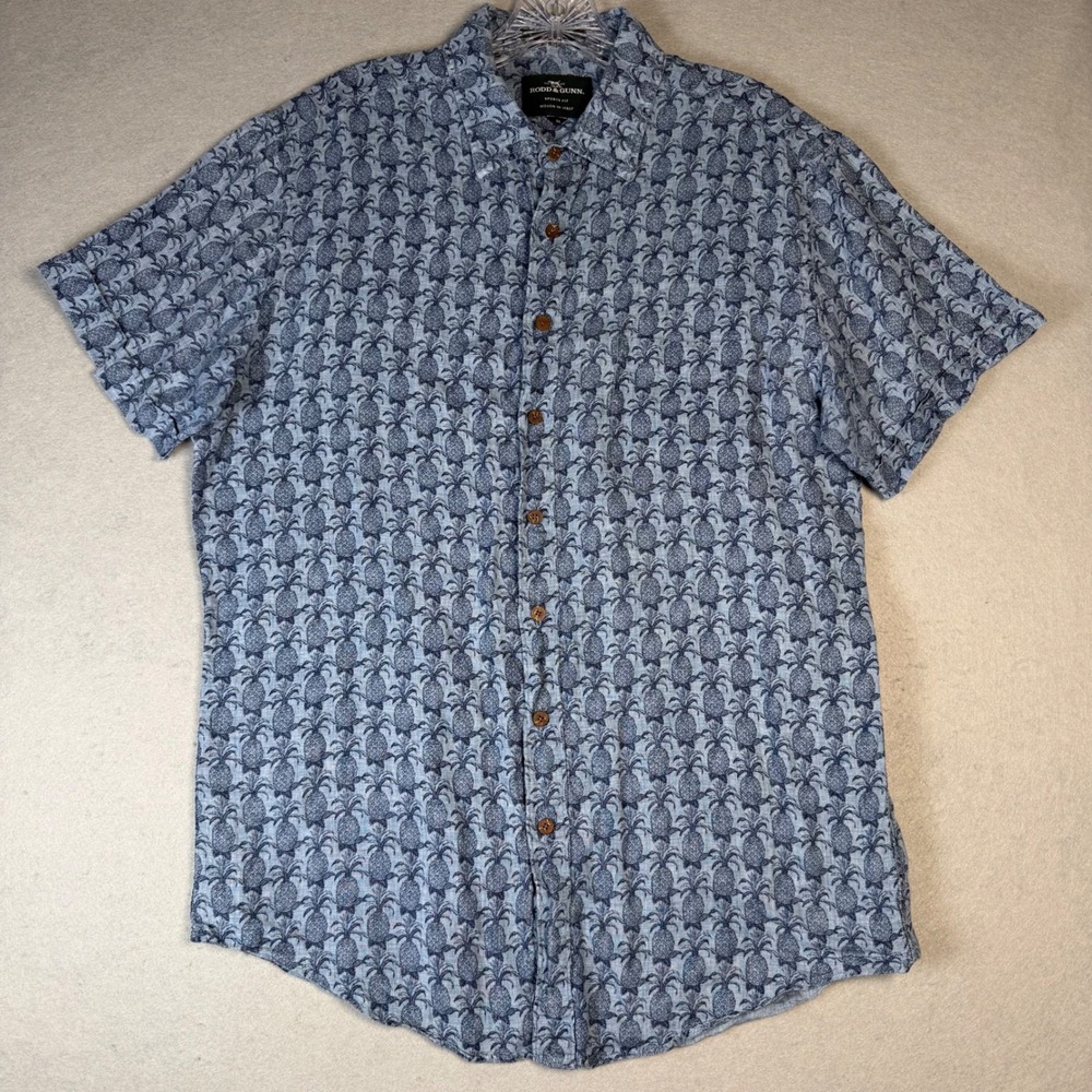 Rodd and Gunn Mens M Blue Pineapple Print 100% Linen Sports Fit SS Shirt